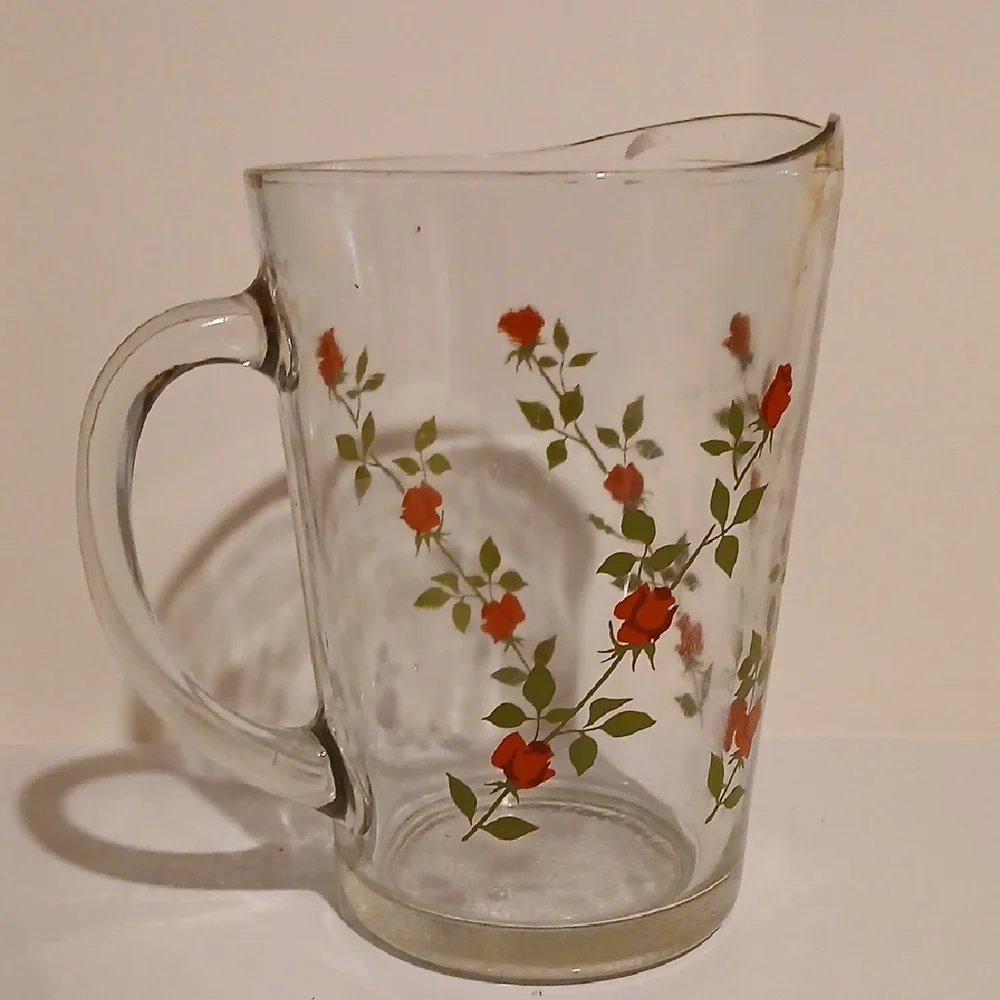 Vintage Mcm Glass Pitcher with Red Floral Design Barware Anchor Hocking